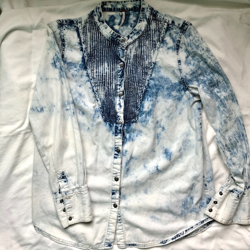 Free People Denim Tuxedo Shirt Ripple Wash